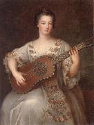 unknow artist Portrait of a young lady,three-quarter length,wearing a floral and ivory lace-trimmed dress,playing the guitar